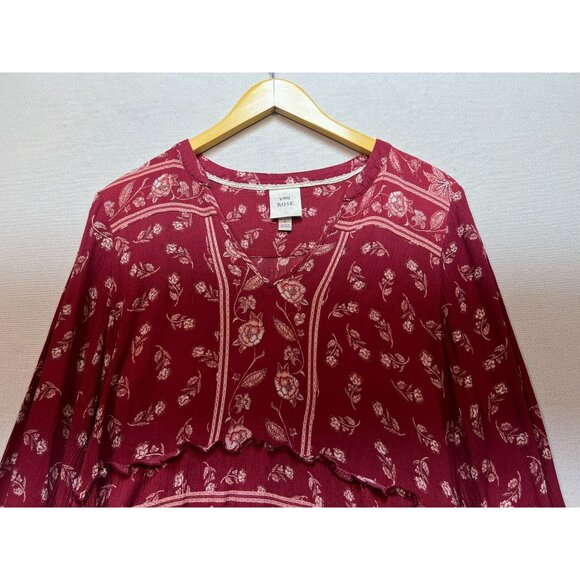 Knox Rose Womens Peasant Boho Tiered Dress Size L Burgundy Red Floral - Picture 4 of 11